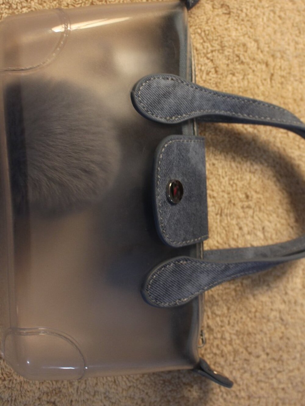 Mini Gray Ombre Jelly Handbag with Blue Handles & Pom-Pom